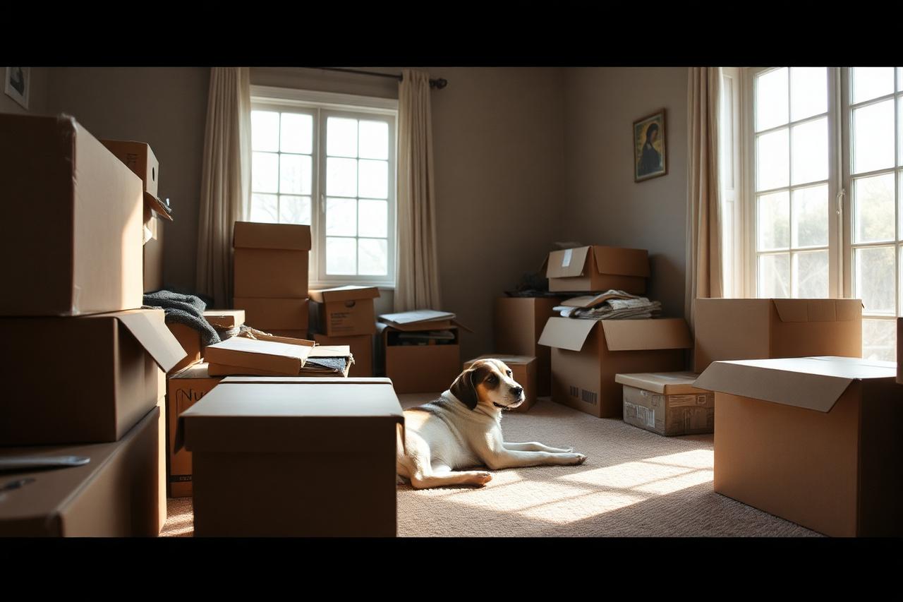 Dog lying calmly among moving boxes in a half-packed living room