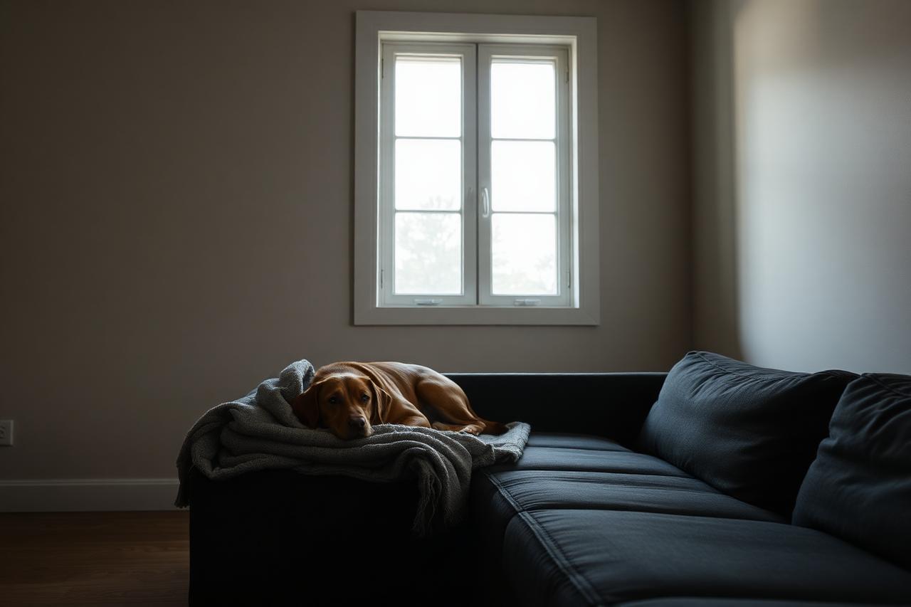 Dog resting quietly on a couch beside a folded blanket in soft window light