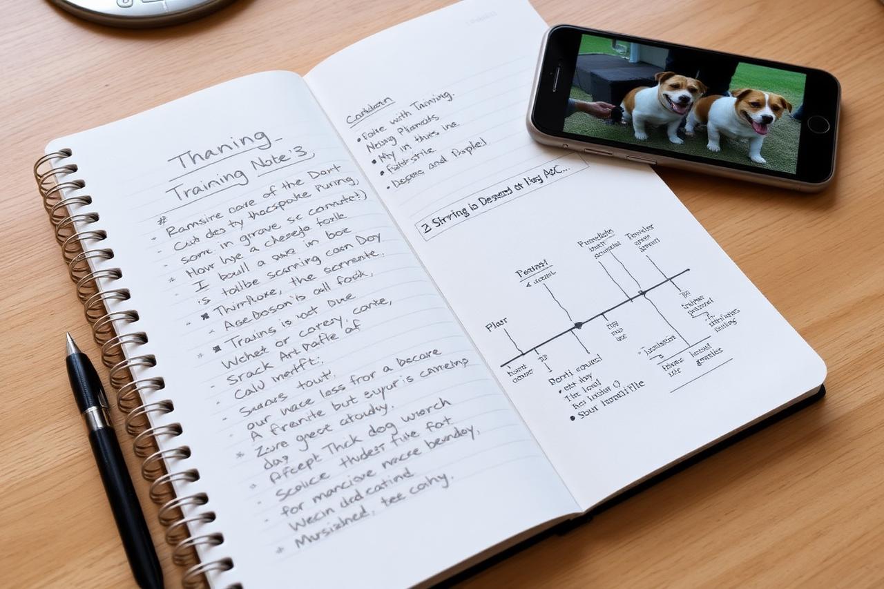 Handwritten notes on a clipboard listing a dog's behavior history and timeline next to a laptop