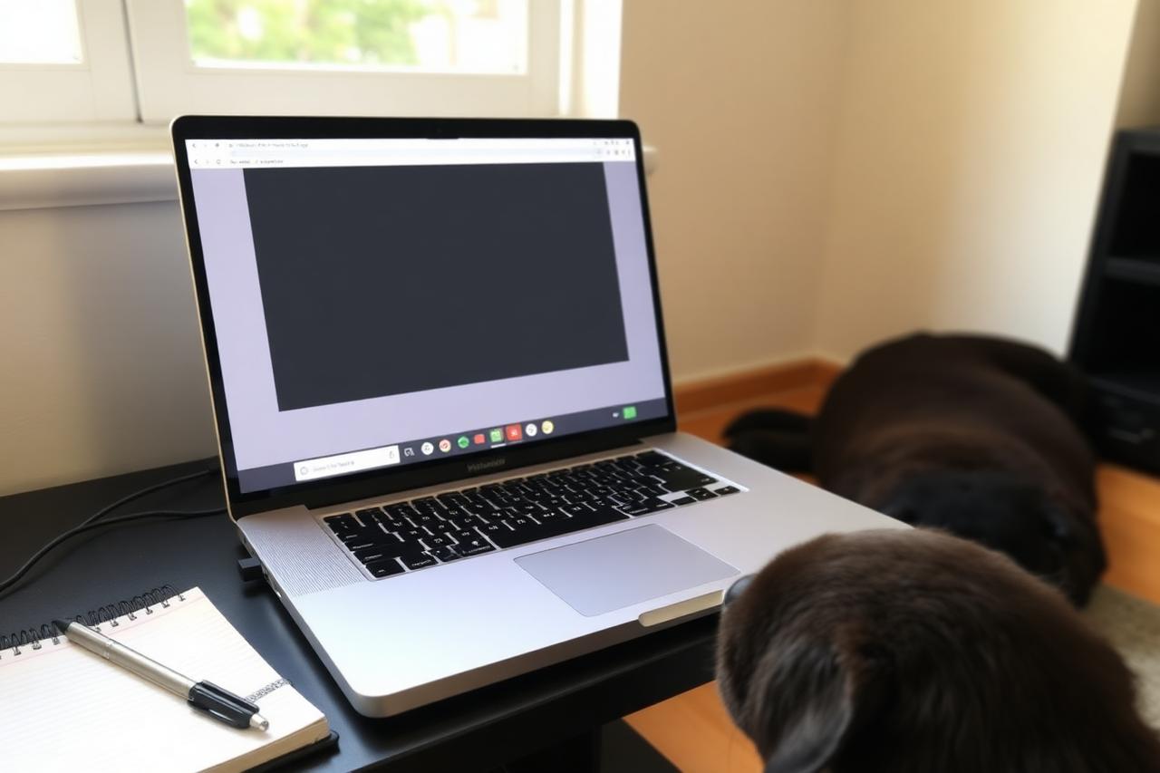Laptop open to a video call beside a notebook with a dog resting nearby