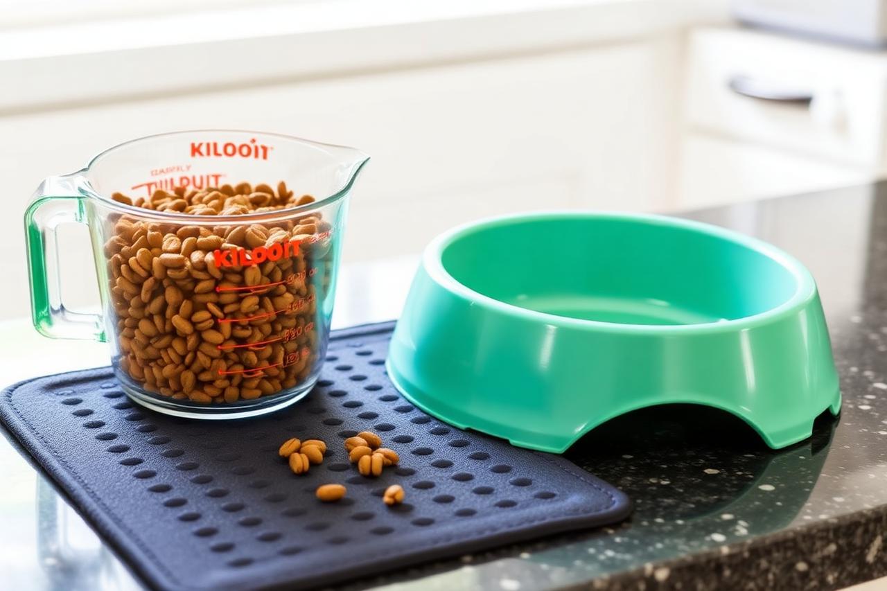 A dog waiting patiently a few feet from its food bowl while a person sets it down calmly