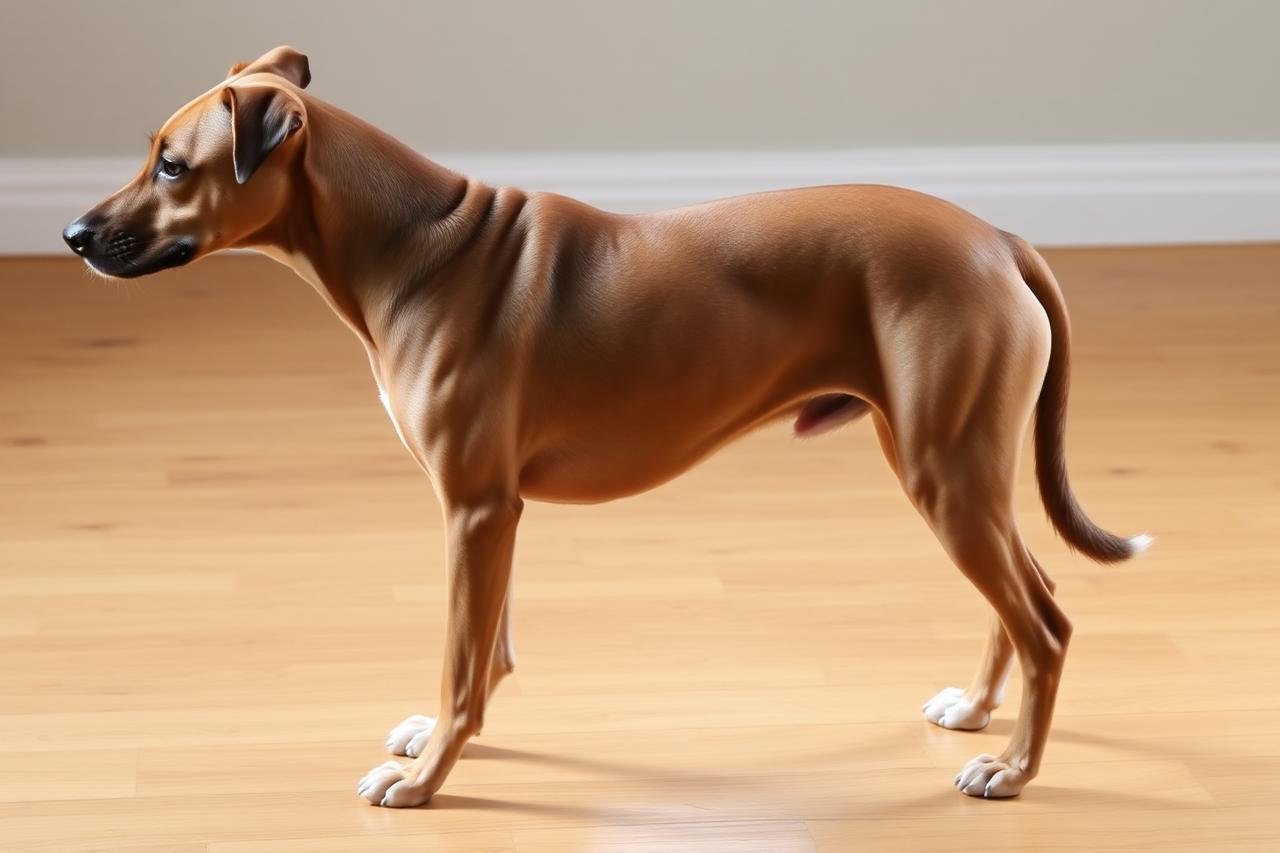 A dog using its nose to work kibble out of a puzzle feeder toy on the floor