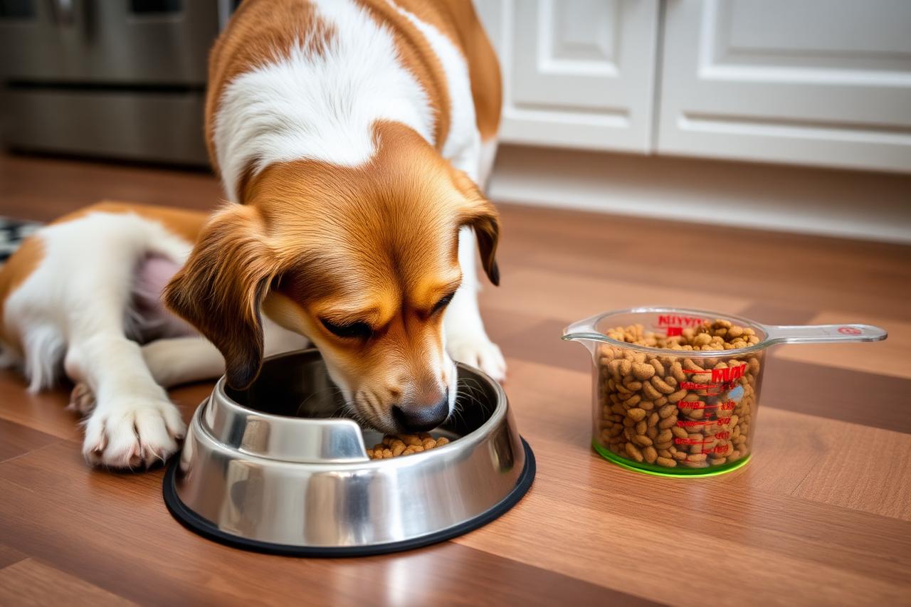 Dog eating from a stainless steel bowl beside a measuring cup of kibble