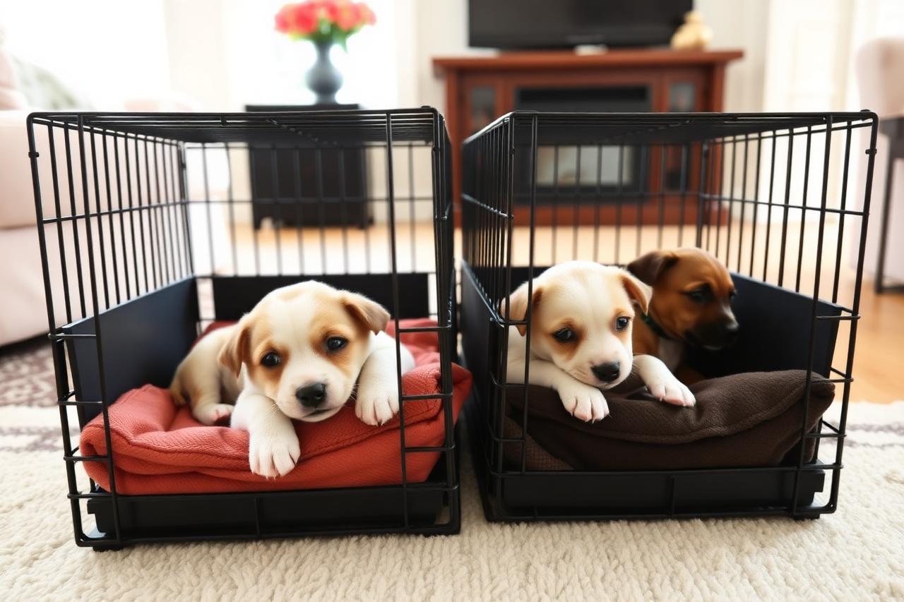 Two littermate puppies resting in separate crates side by side in a living room