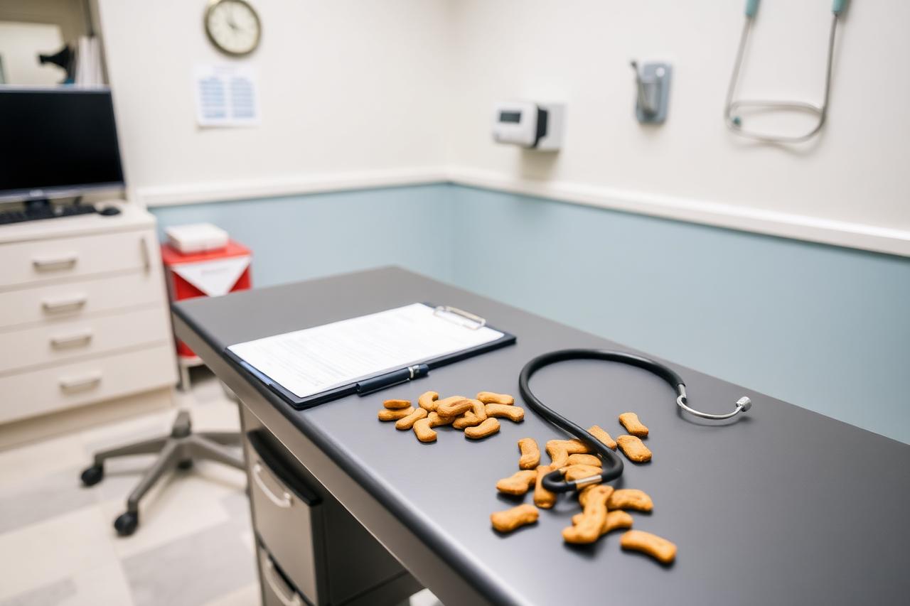 Veterinarian discussing a clipboard with a dog owner while a puppy sits beside them in an exam room