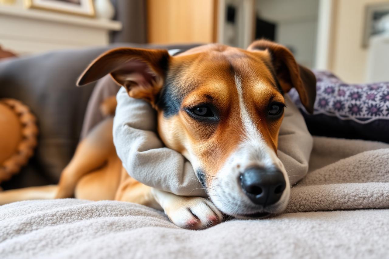 Young adult dog resting comfortably at home in a soft recovery collar