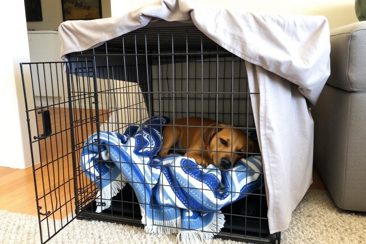 An open dog crate with soft bedding set up in a quiet corner of a living room