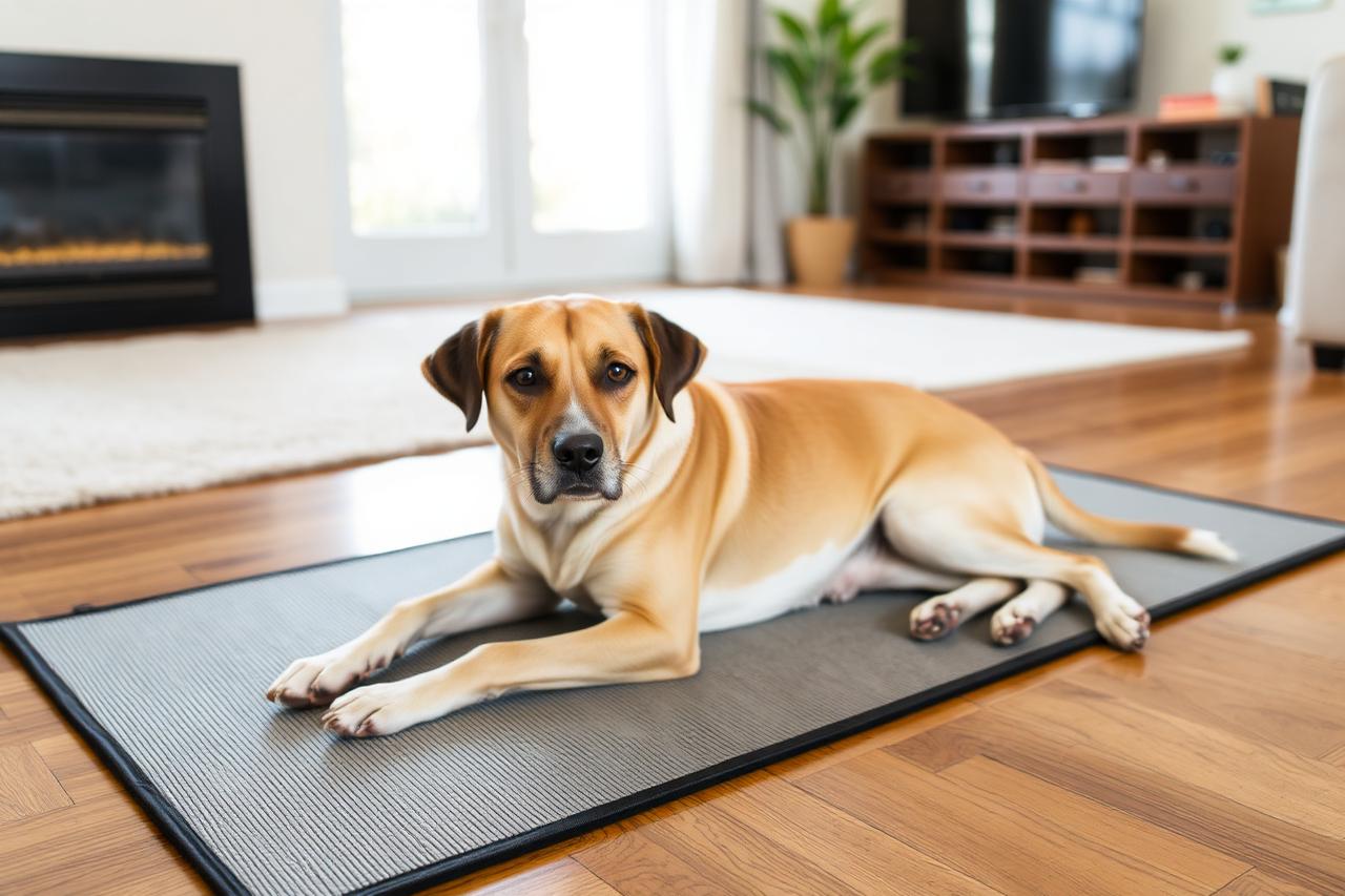 A dog mid-zoomies running across a living room floor with a person watching nearby