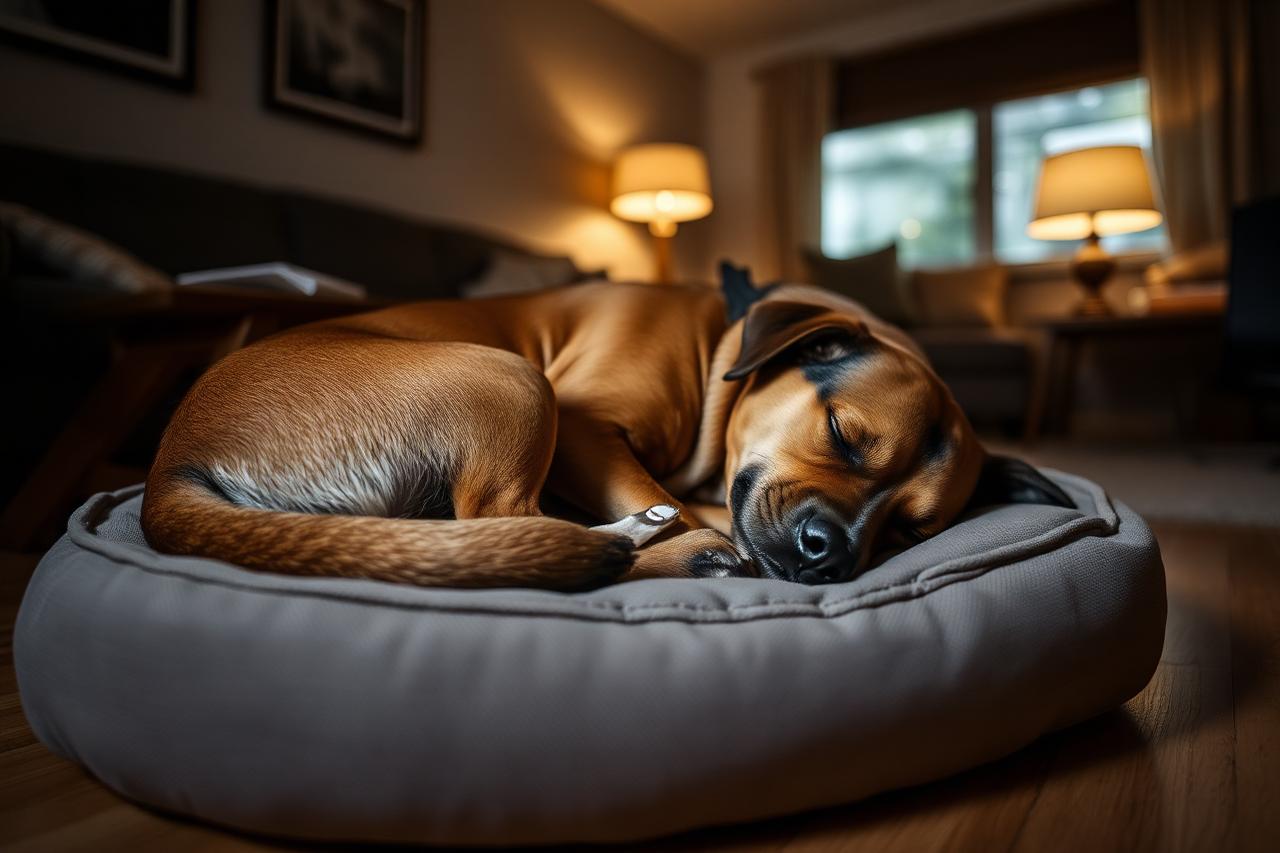 Dog curled up asleep on a soft bed in a dim quiet room