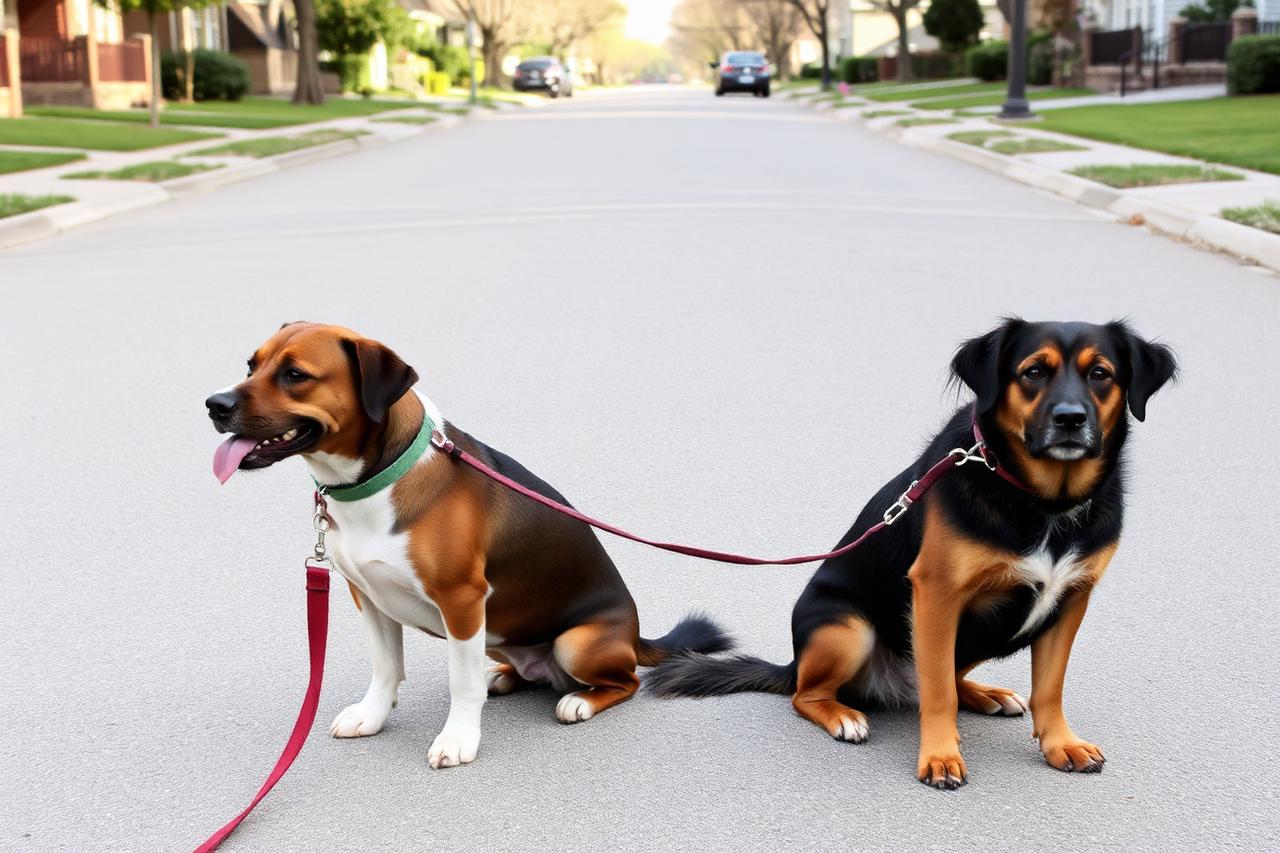 Handler pausing with two dogs on leash at a quiet street corner while both dogs sit calmly