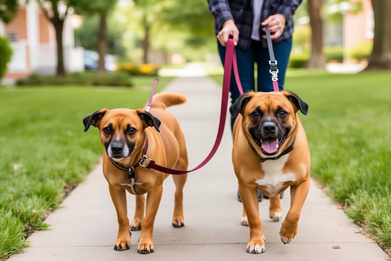 Two dogs walking politely on separate leashes along a neighborhood sidewalk