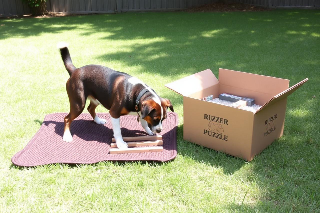 A shaded backyard digging pit filled with soil and toys for a dog to safely dig in