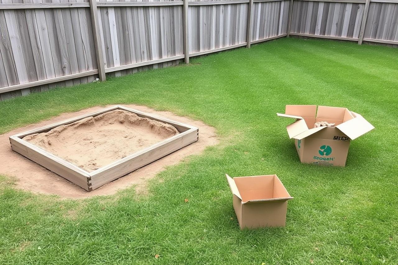 Backyard set up with a sand digging box and cardboard boxes for a dog scent game