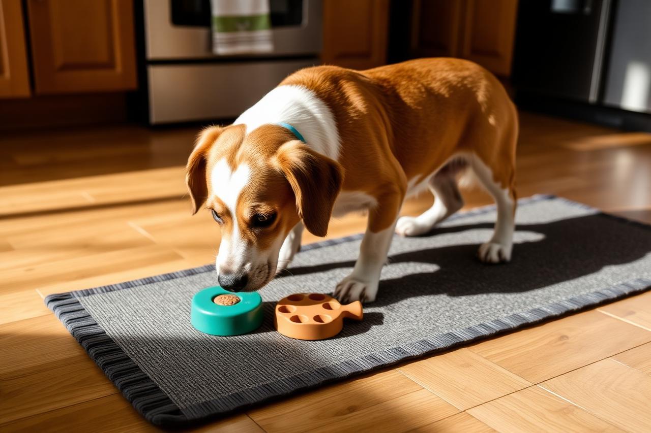 Dog working a puzzle feeder and snuffle mat on a kitchen floor