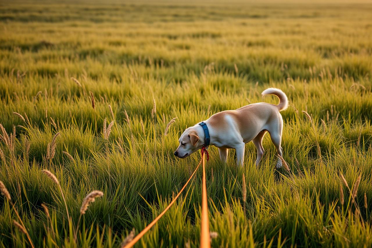Dog on a long line sniffing tall grass in an open field at golden hour