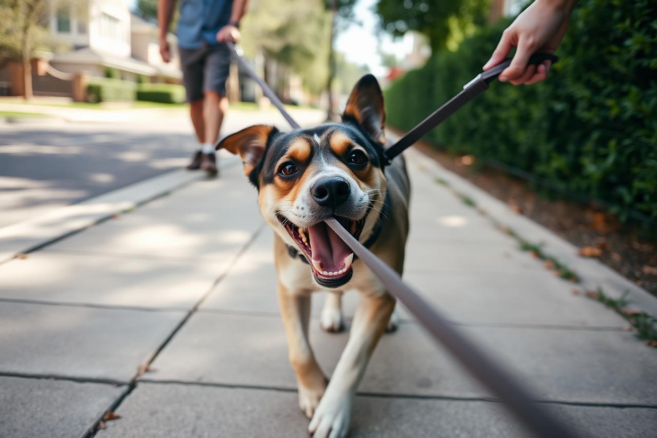 Dog lunging forward on a taut leash on a suburban sidewalk while a hand holds the leash