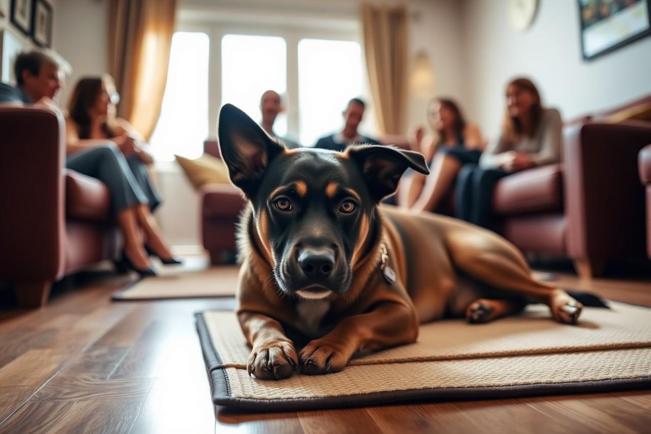 Relaxed dog settled on a mat while guests talk in the background of a living room