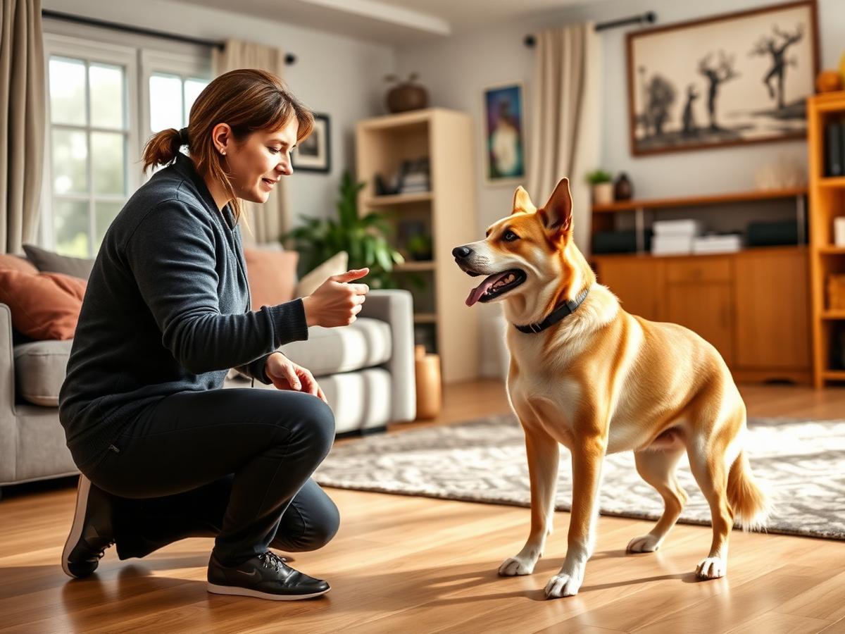 Owner training an adult dog at home