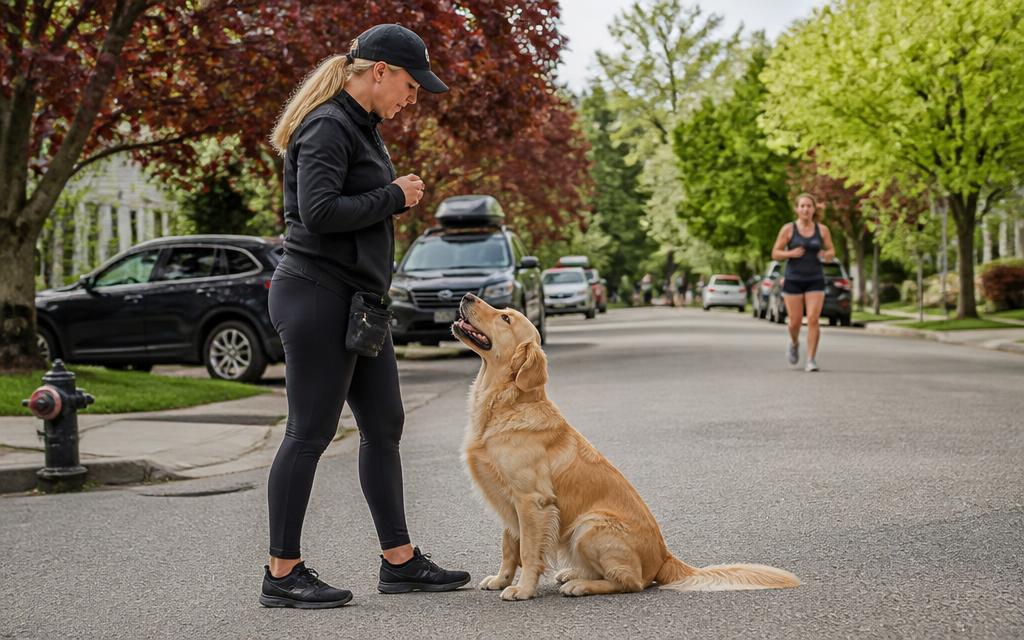 Handler and dog practicing training outdoors in a neighborhood with distractions