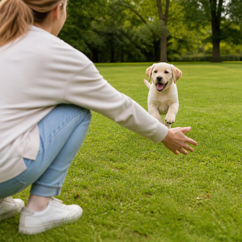 Puppy running toward owner during a recall