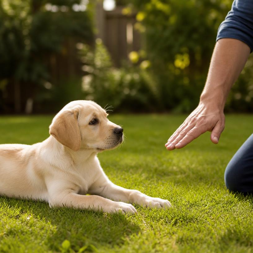 Puppy lying down while owner points toward the floor