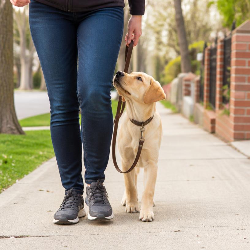 Puppy walking beside owner on a loose leash