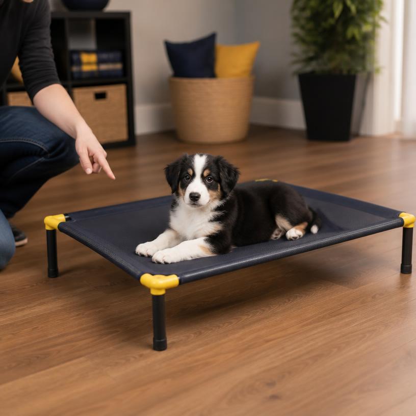 Puppy on an elevated cot while owner points to the cot