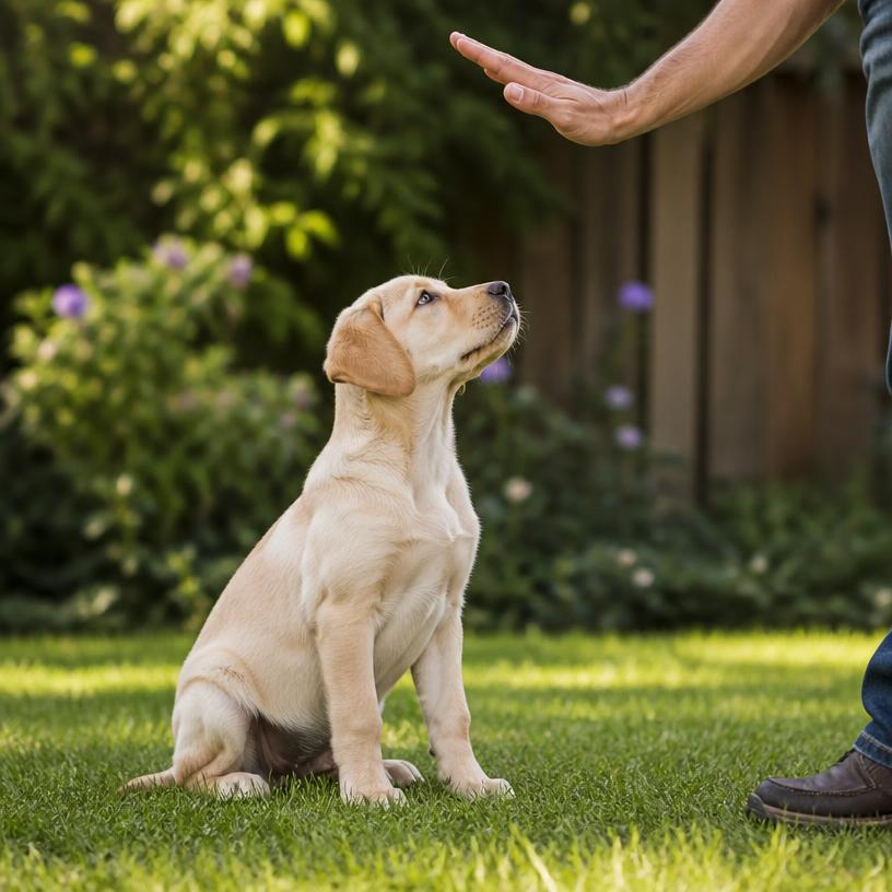 Puppy sitting while owner gives an upward sit hand signal