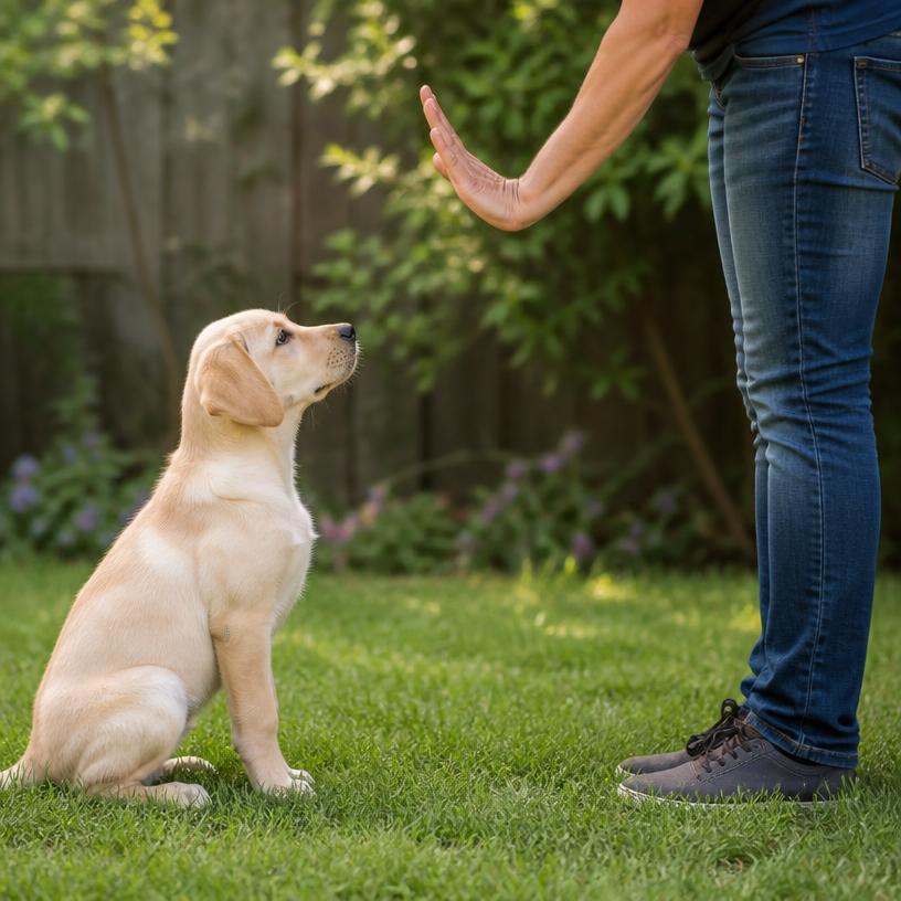 Puppy holding position while owner holds an open palm out