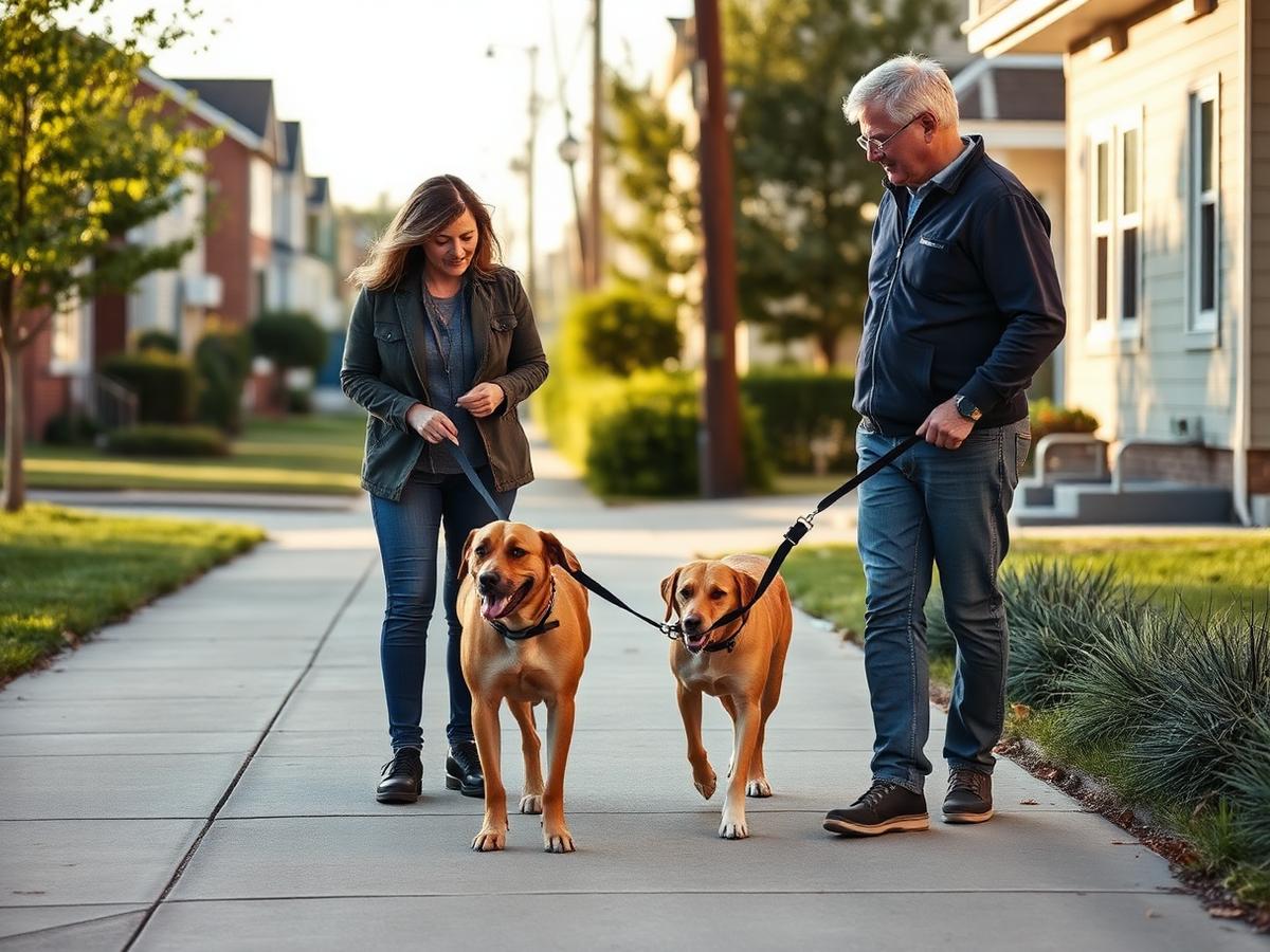 Trainer coaching an owner and adult dog outdoors in a neighborhood