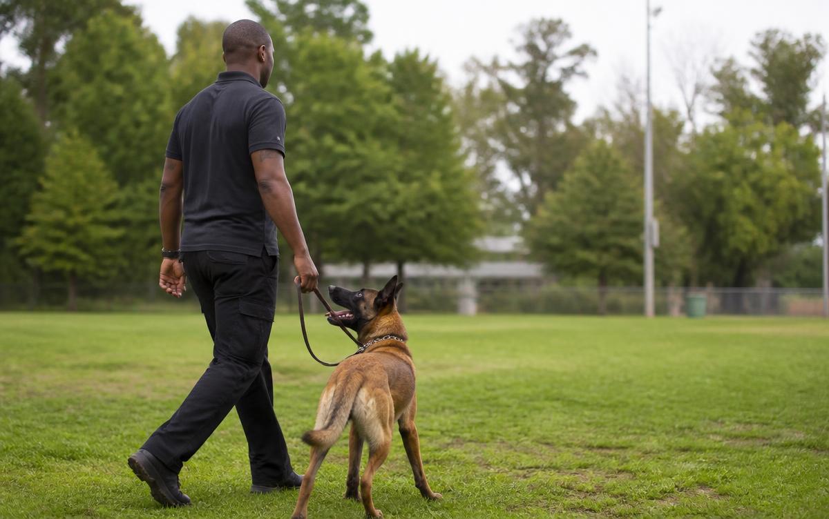 Trainer working directly with an adult dog outdoors while the owner observes