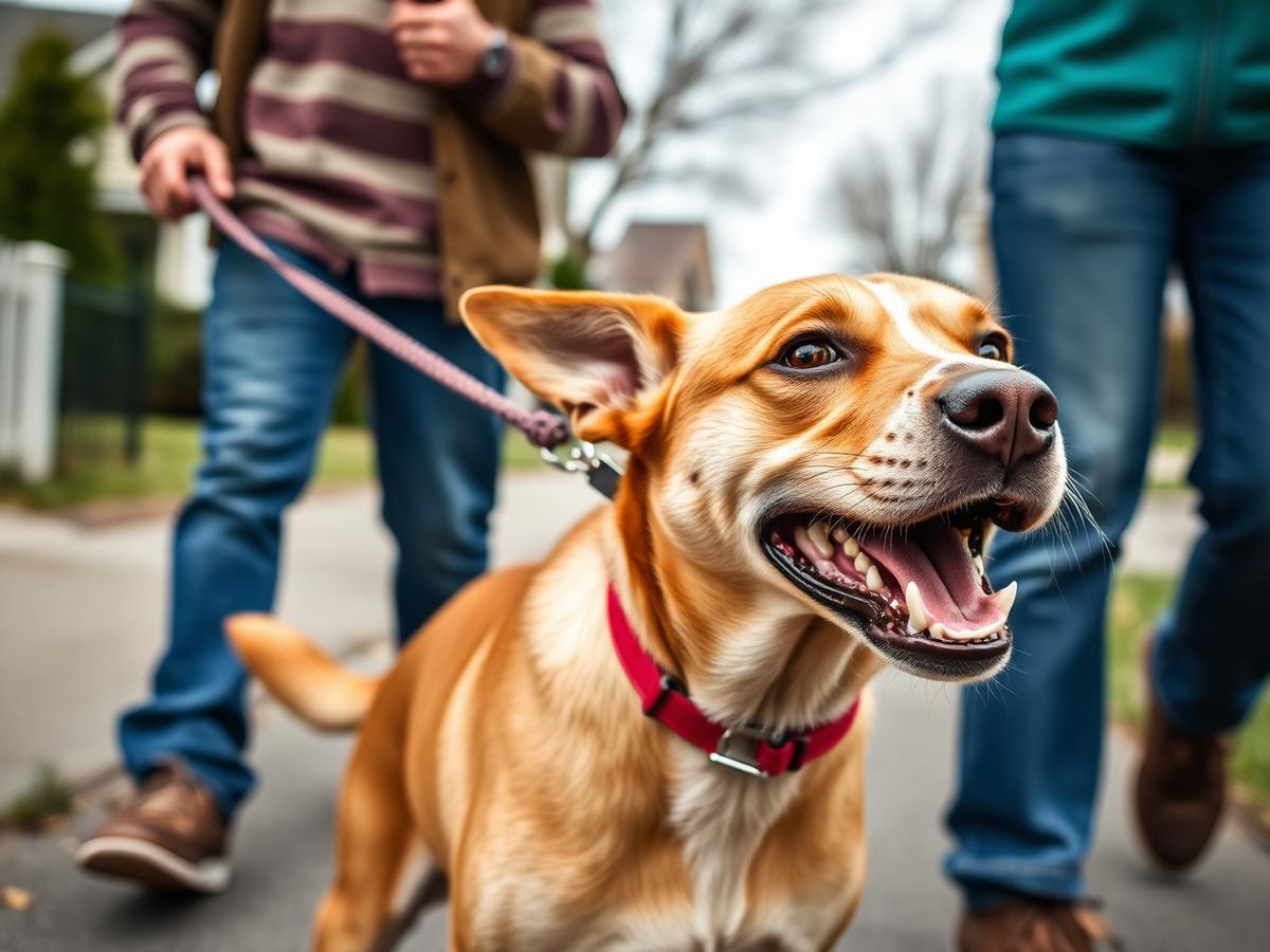 Adult dog pulling and barking on leash during a neighborhood walk
