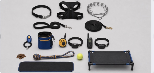 Dog-training equipment including a crate, leash, place bed, enrichment items, and reward tools